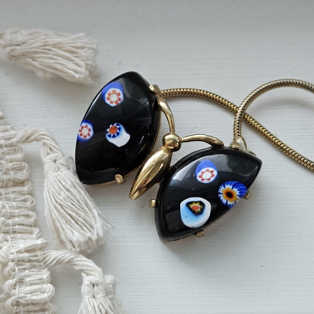 Vintage Eisenberg Glass Butterfly Pendant Necklace, Murano millefiori necklace